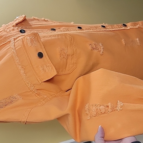 Distressed Button Down Long Sleeve Top Shacket Orange - Picture 5 of 7